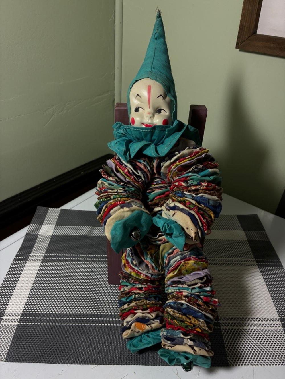 1940s Jingle Bell  Yo-Yo Clown Doll with Hard Face and Fabric Body
